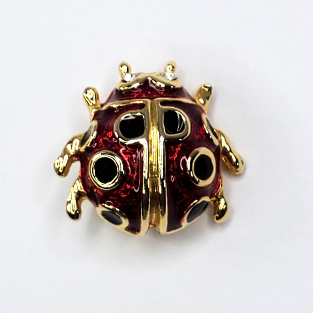 Small Ladybug Brooch Pin In Red & Gold With Rhinestone Eye 3/4 inch - Picture 6 of 10